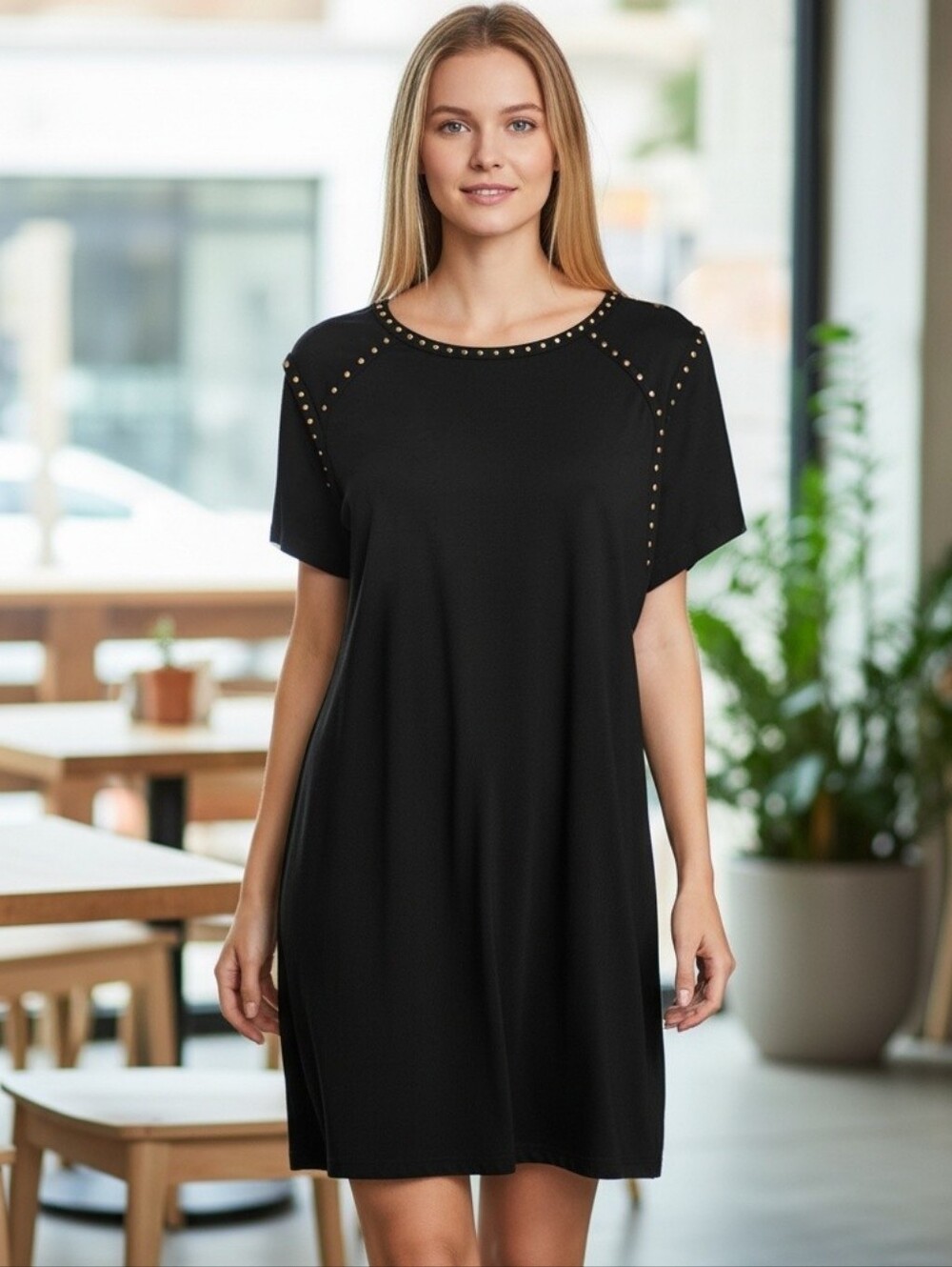 Calvin Klein Stud-Embellished Black Short-Sleeve Dress Size 14